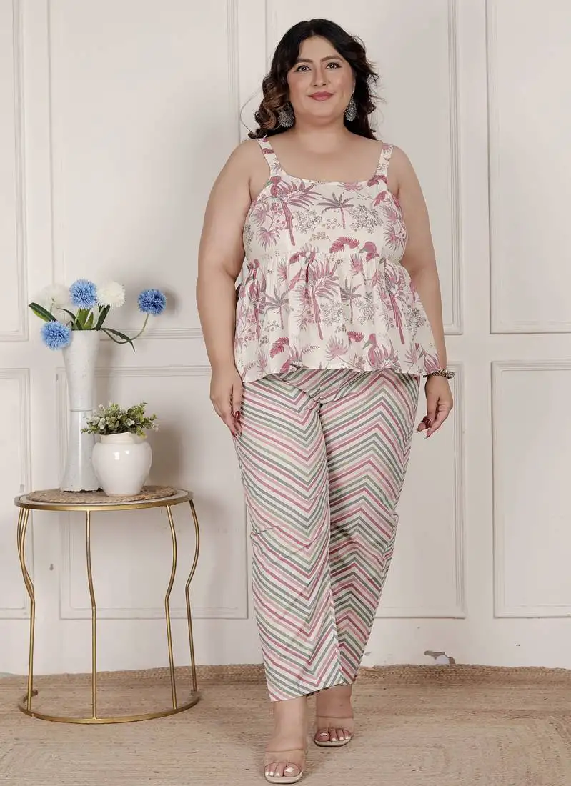 Miravan womens plus size pink pure cotton leaf printed kurti with palazzo stitched