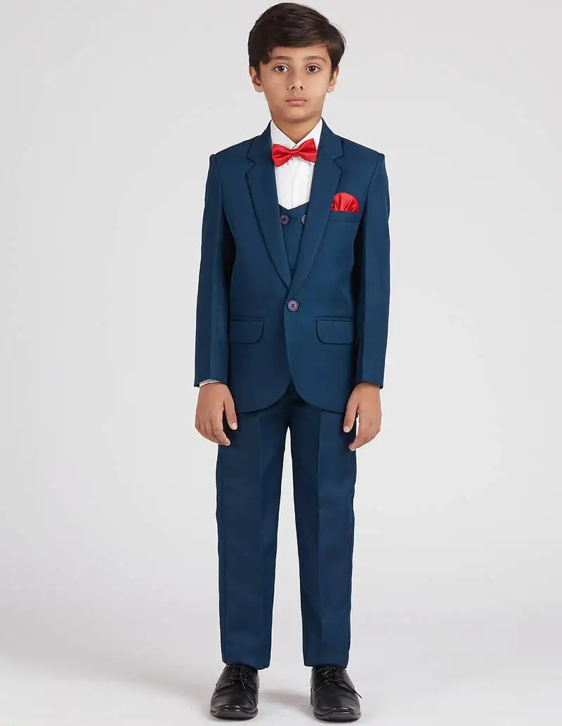 Royal look in suit set full sleeves solid blazer, shirt, pant and waist coat with bow tie - tealblue