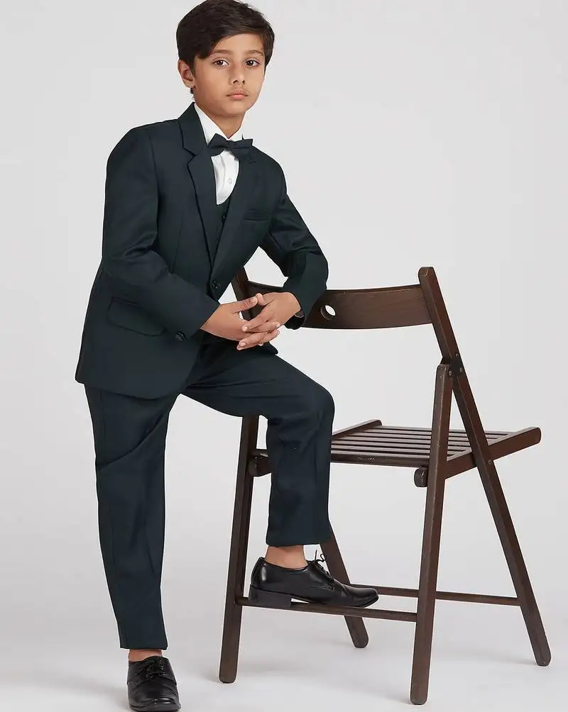 Royal look in solid suit set full sleeves blazer, shirt, pant and waist coat with bow tie - bottle green