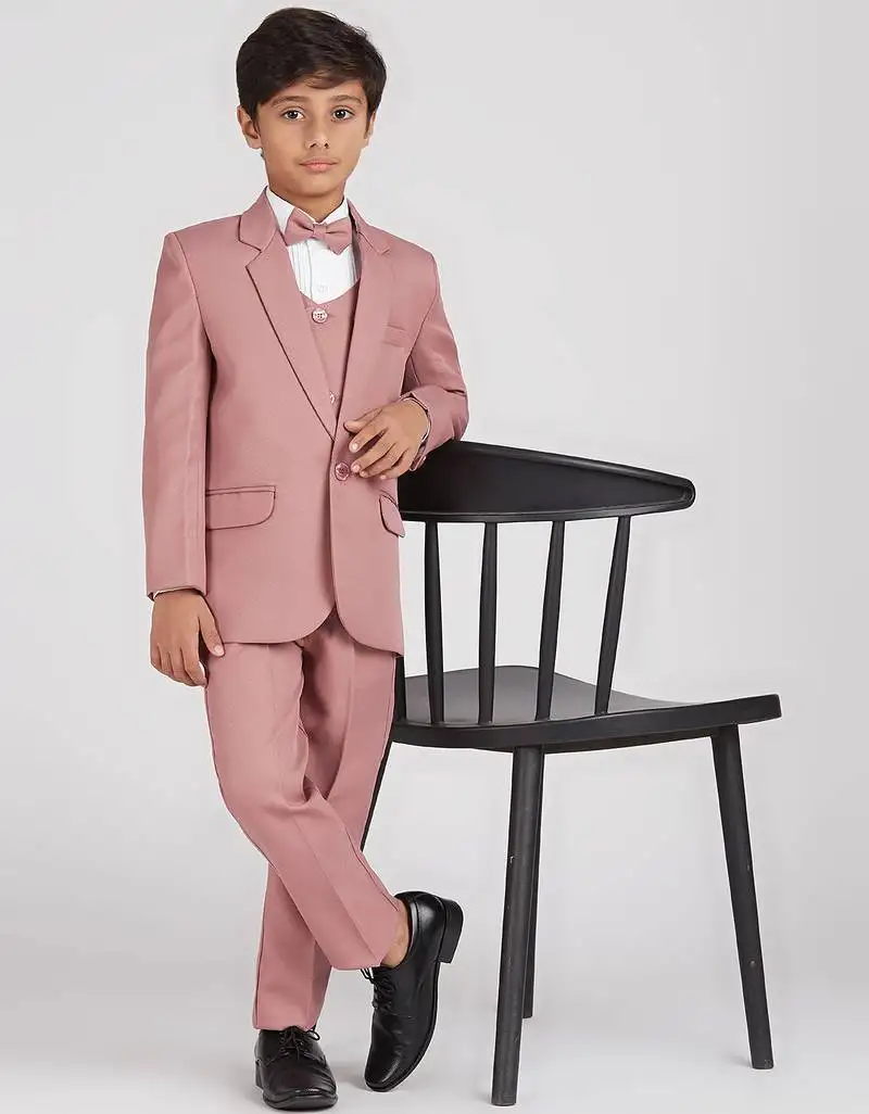 Royal look in solid suit set full sleeves blazer, shirt, pant and waist coat with bow tie - pink