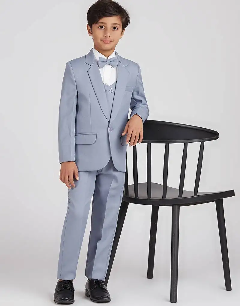 Royal look in solid suit set full sleeves blazer, shirt, pant and waist coat with bow tie - grey