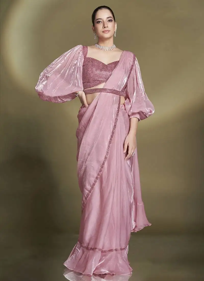 Two tone satin silk sequins beads work ready to wear saree with stitched blouse