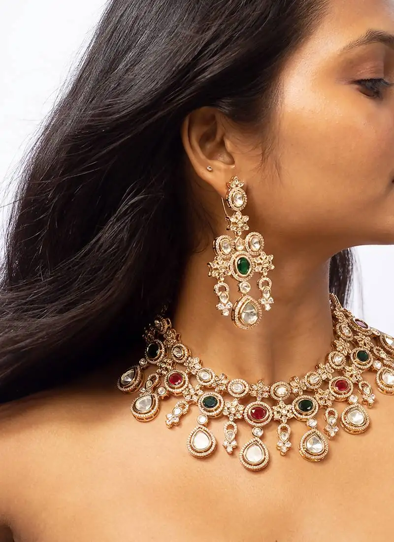 American diamond necklace set with red & green stone highlights