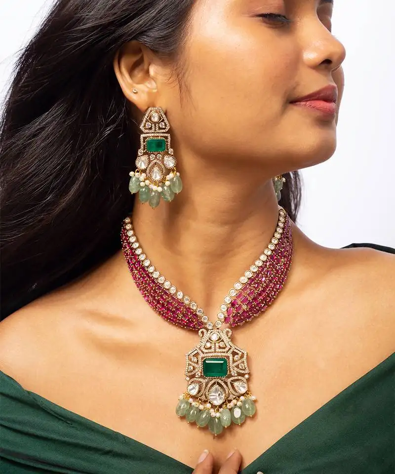 American diamond choker set with green and pink stone work