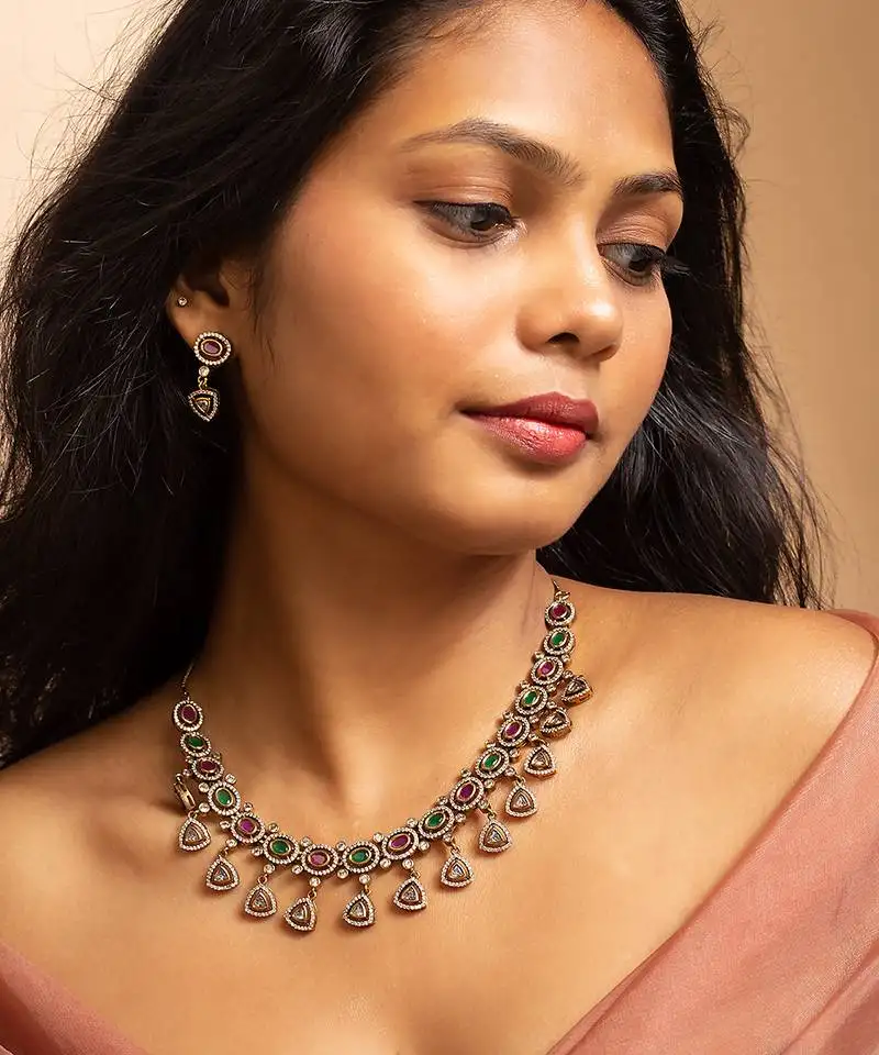 American diamond necklace set with green and pink stones