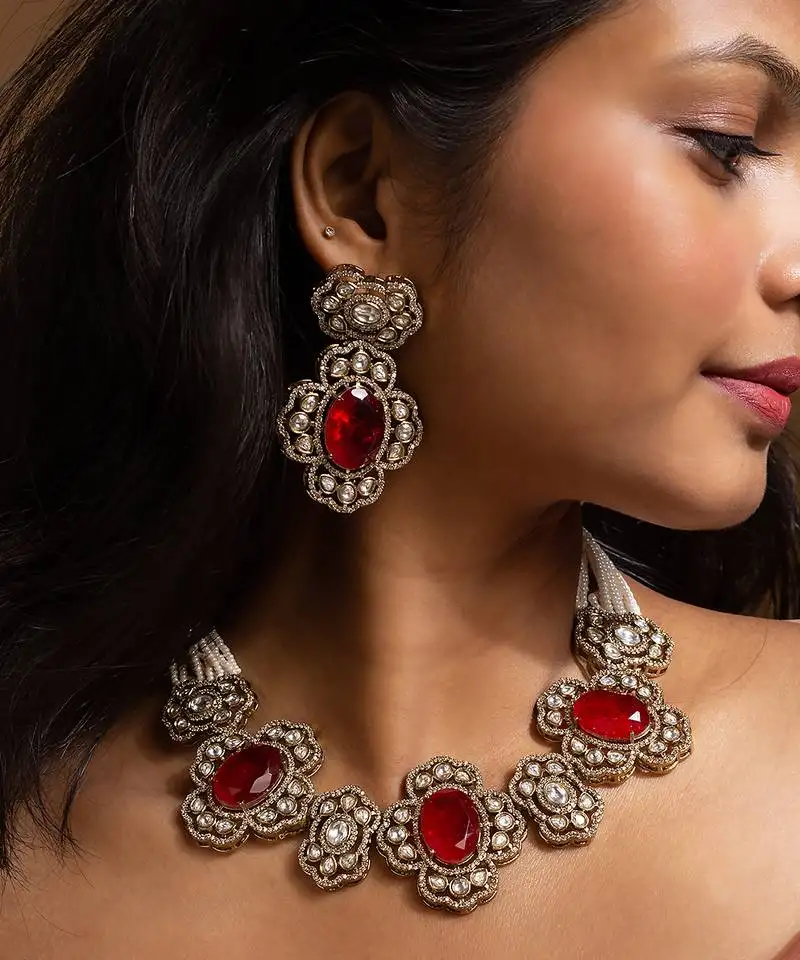 Antique floral choker necklace set with red stones and pearl strings