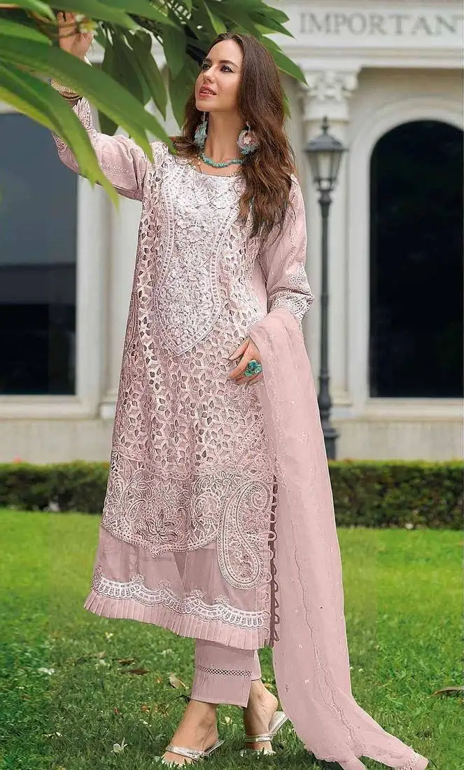 Baby pink embroidered sequence cut work heavy organza unstitched suit with moti & frill