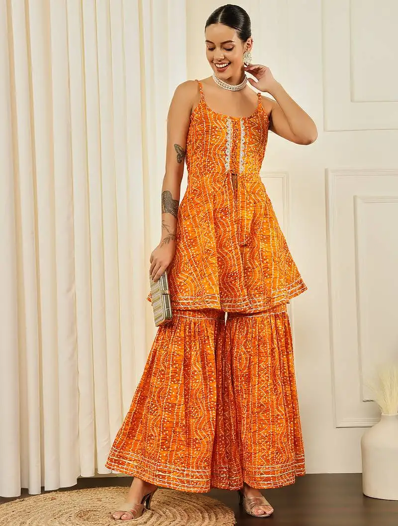 Yellow front slit flared kurta with sharara