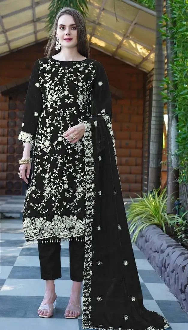 Black embroidered sequence work heavy organza unstitched suit with moti & fancy lace