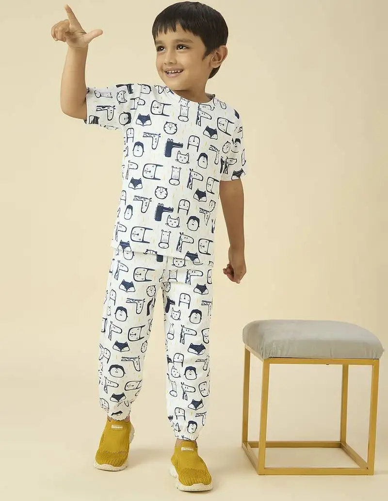 Lycra woven full sleeves placement printed t-shirt and track set - white