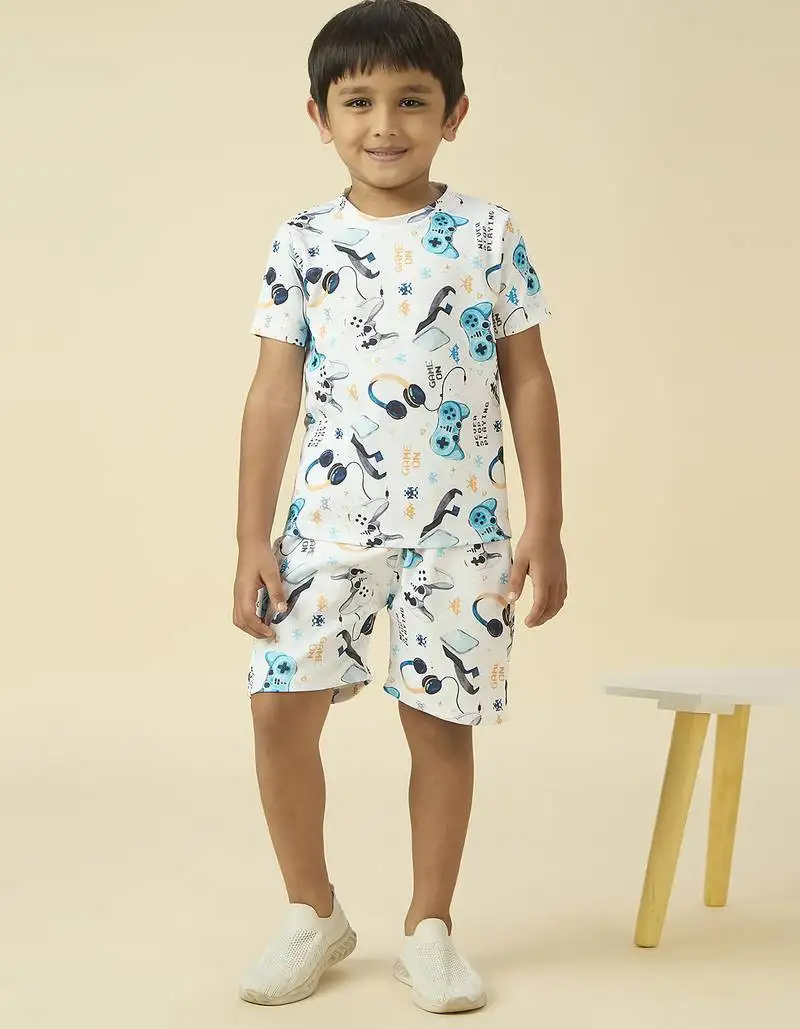 Lycra woven half sleeves placement printed t-shirt and short set - white