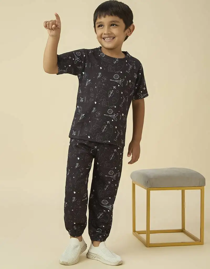 Lycra woven full sleeves placement printed t-shirt and track set - black