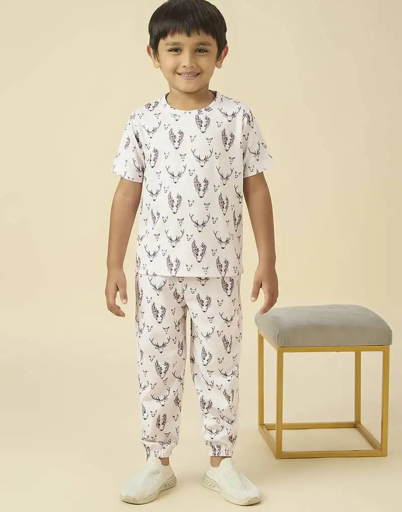 Lycra woven full sleeves placement printed t-shirt and track set - beige