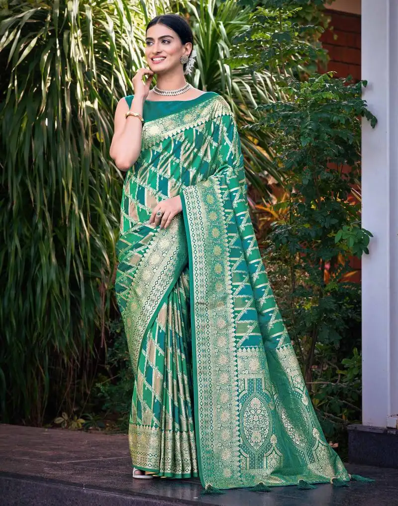 Manohari women's most trendy banarasi satin silk woven aqua green saree with heavy jacquard work saree with blouse piece