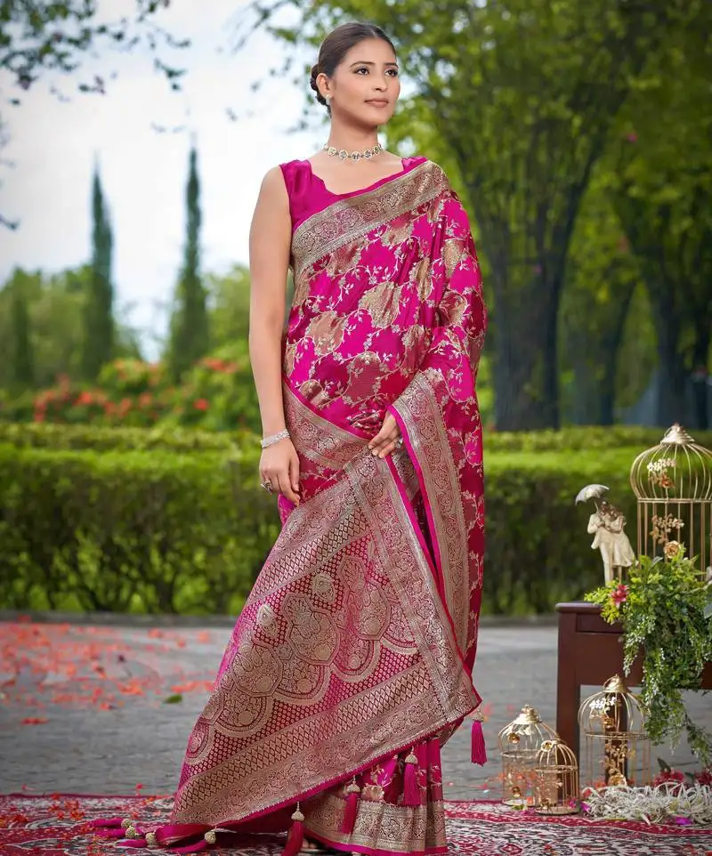 Manohari women's most trendy banarasi satin silk woven rani pink saree with heavy jacquard work saree with blouse piece