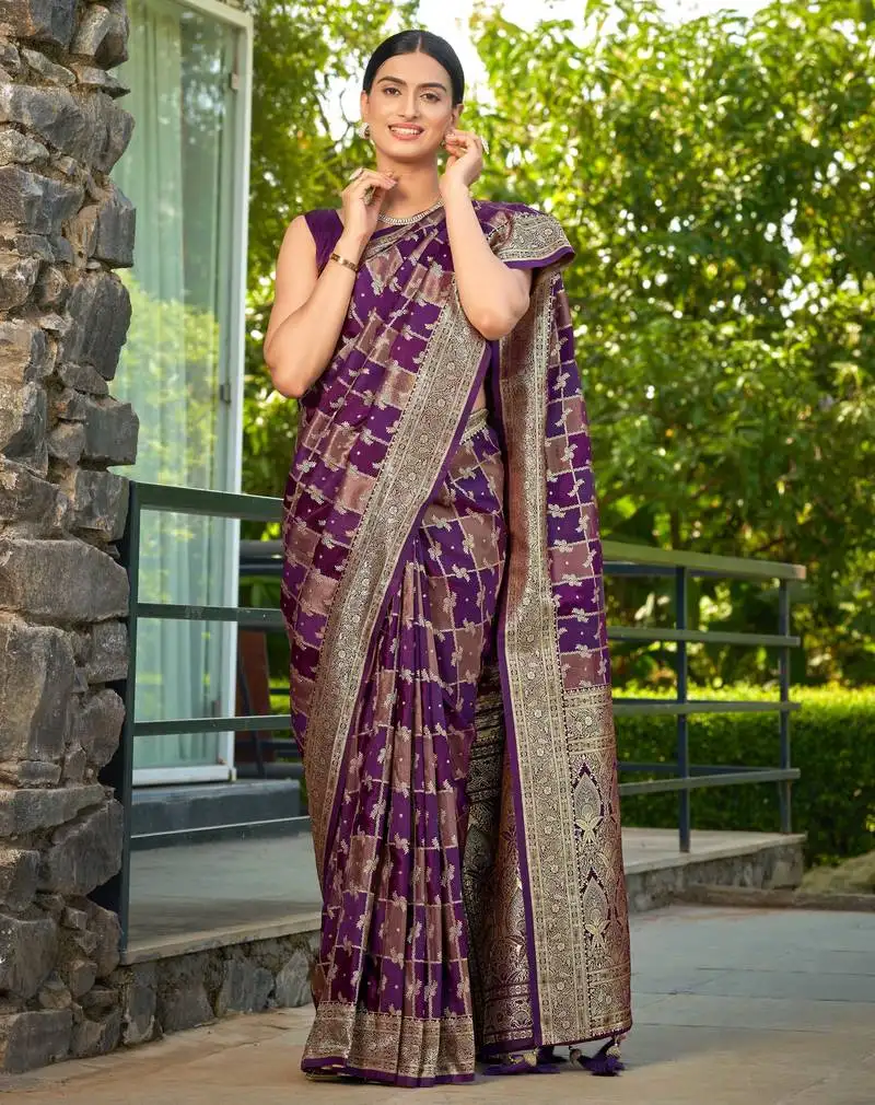 Manohari women's most trendy banarasi satin silk woven purple wine saree with jacquard work saree with blouse piece