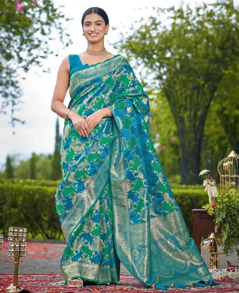 Manohari women's most trendy banarasi satin silk woven turquiose blue saree with jacquard work saree with blouse piece