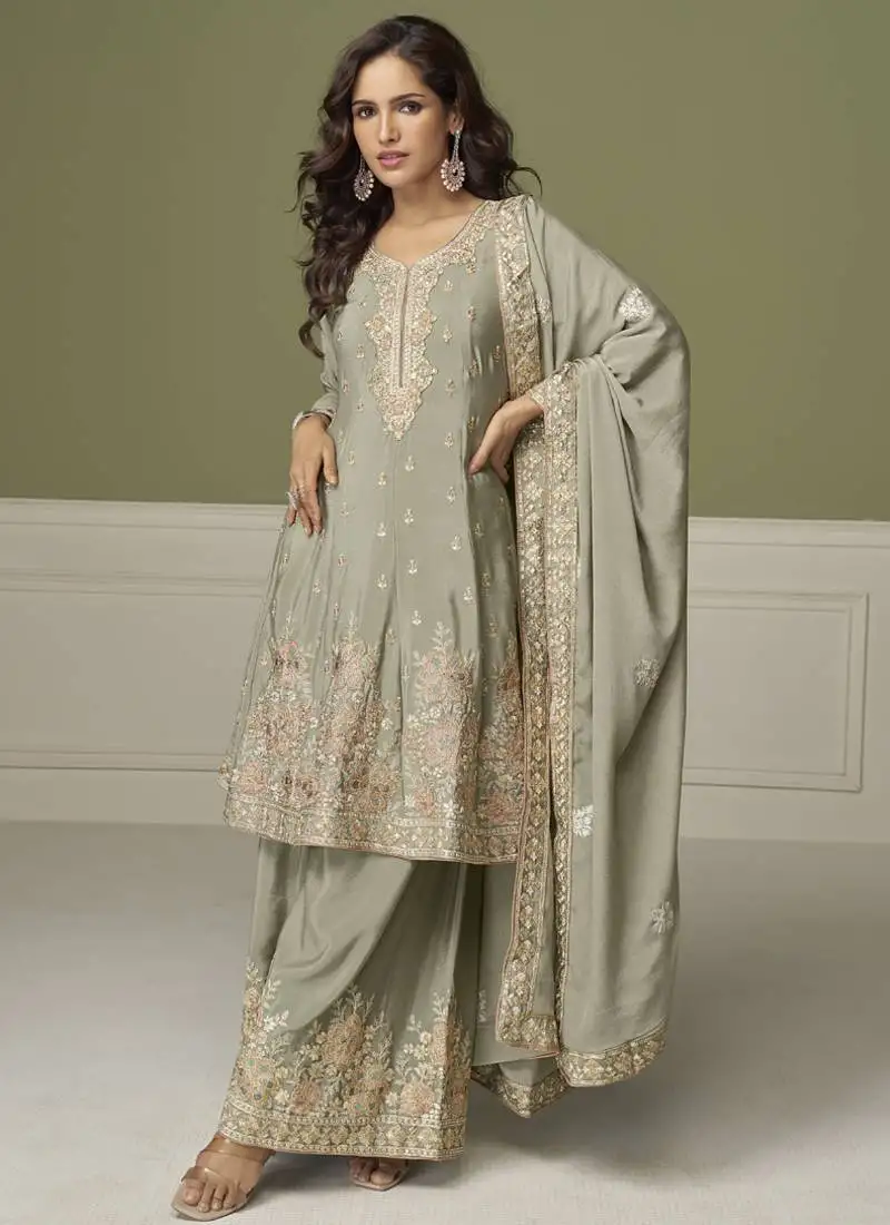 Light grey chinon silk embroidered sharara suit stitched