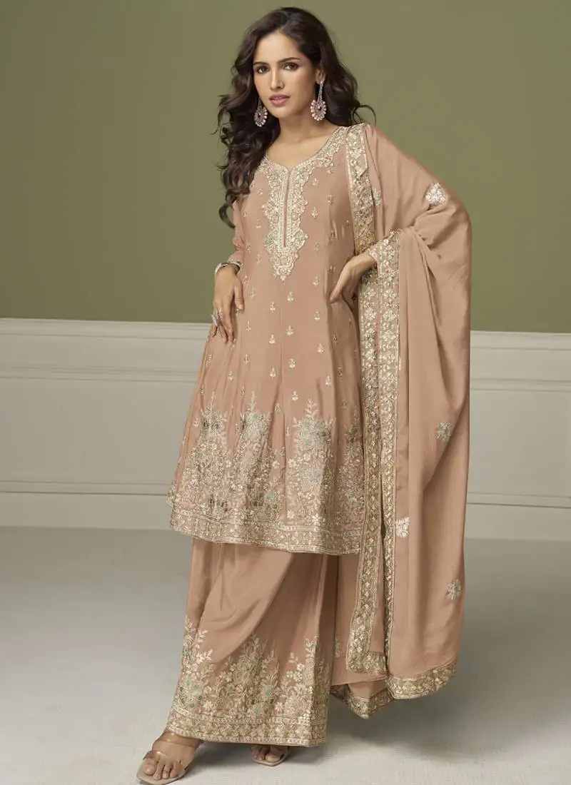Light peach chinon silk embroidered sharara suit stitched