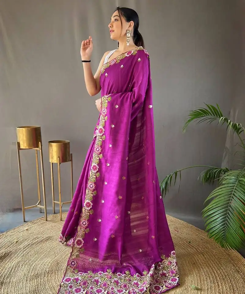 Wine embellished silk blend saree with blouse