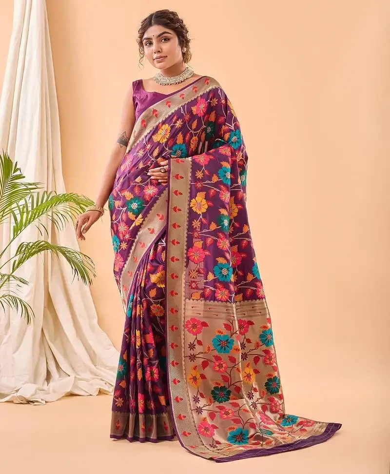 Pink printed silk blend saree with blouse