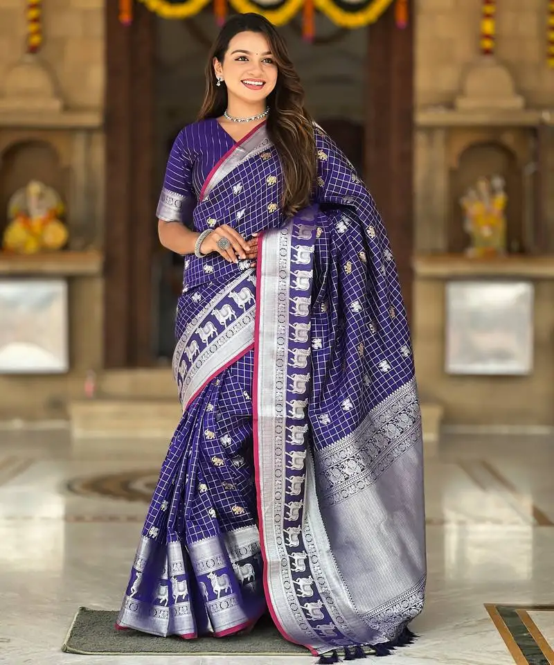 Blue self design embellished silk blend saree with blouse