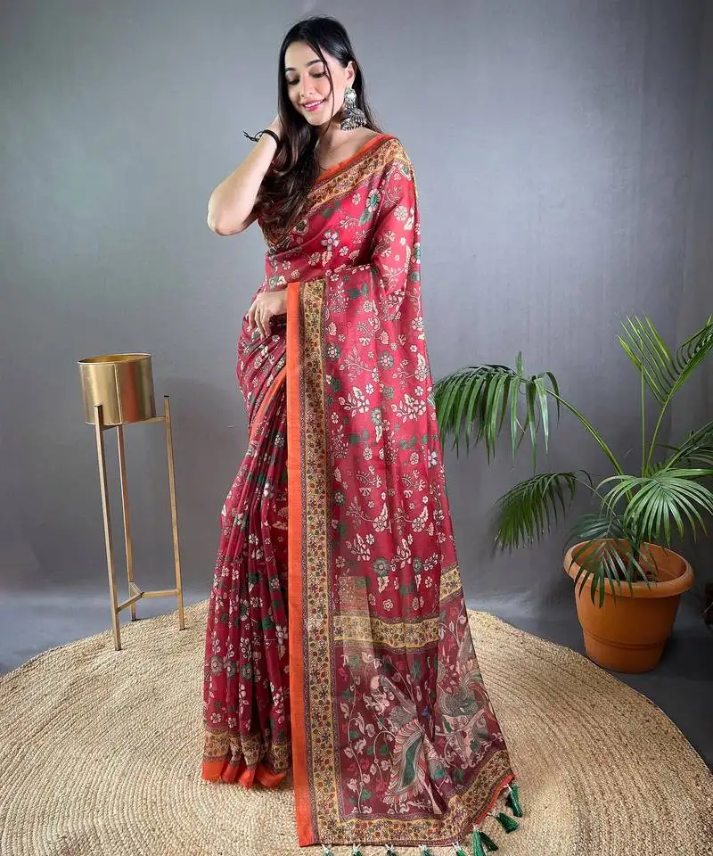 Red printed silk blend saree with blouse