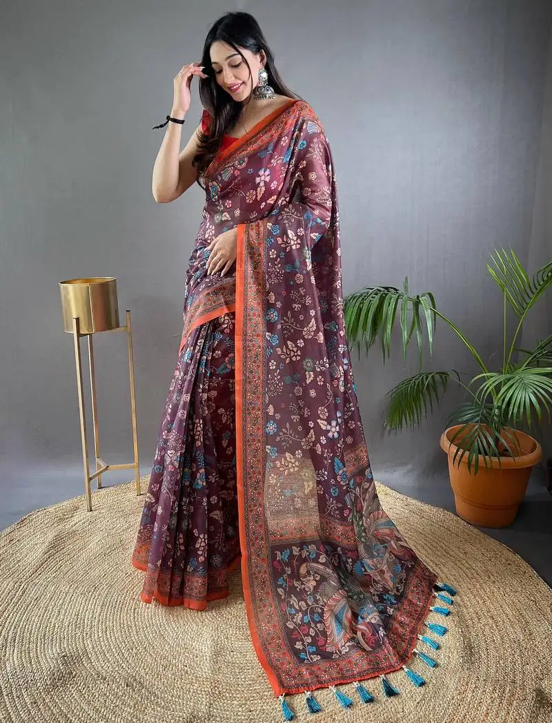 Wine printed silk blend saree with blouse