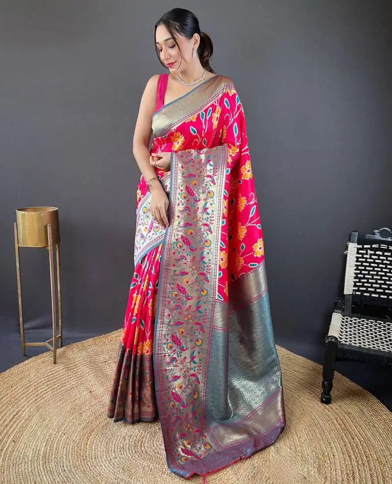 Pink self design embellished silk blend saree with blouse