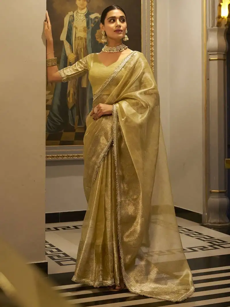 Golden zari weaving tissue silk saree with blouse