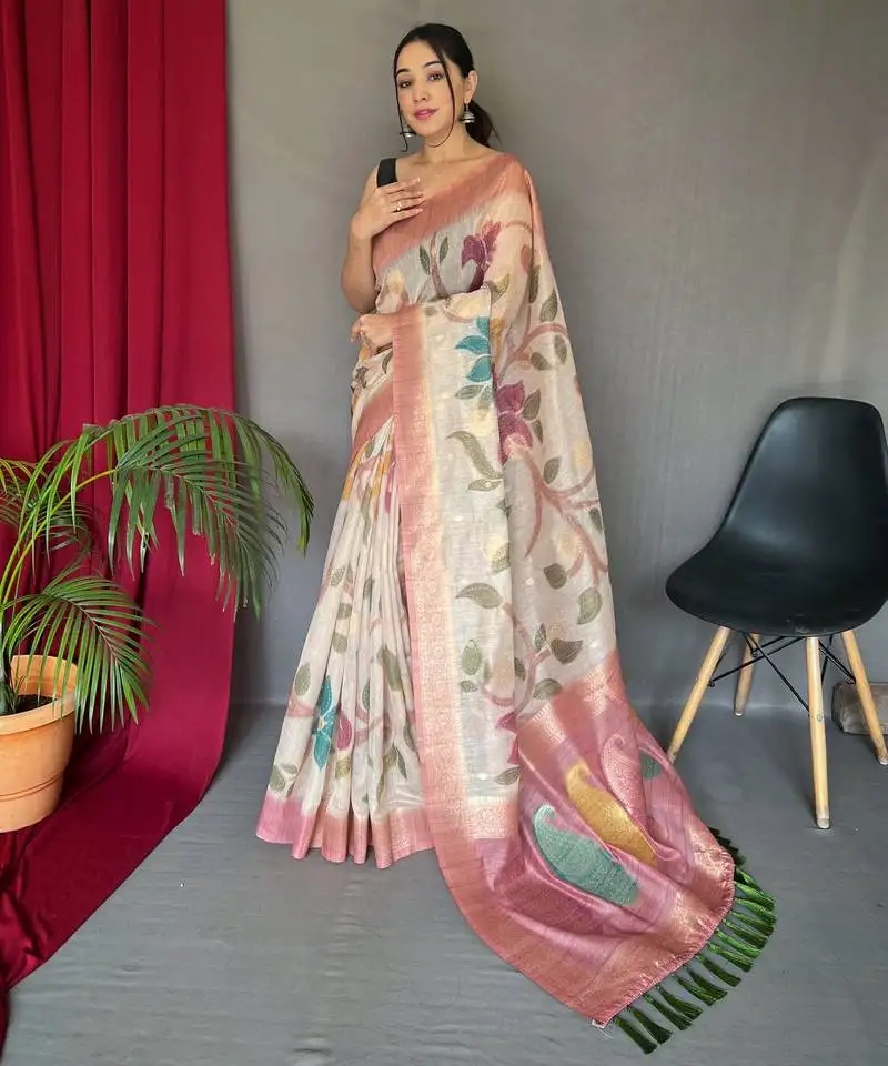 Pink embellished self design silk blend saree with blouse