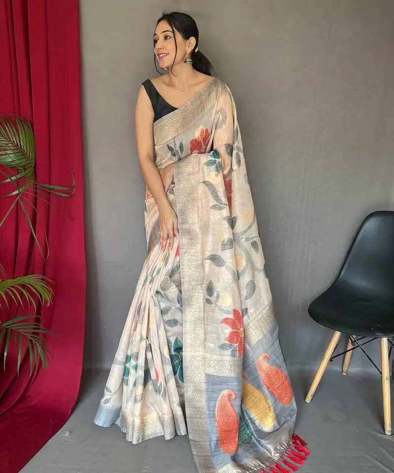 White embellished self design silk blend saree with blouse