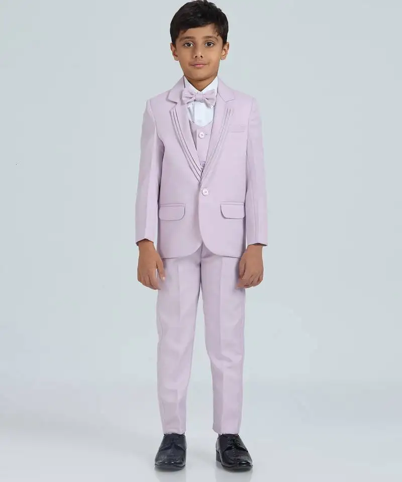 Pleated collar suit set full sleeves blazer, shirt, pant and waist coat with bow tie - mauve