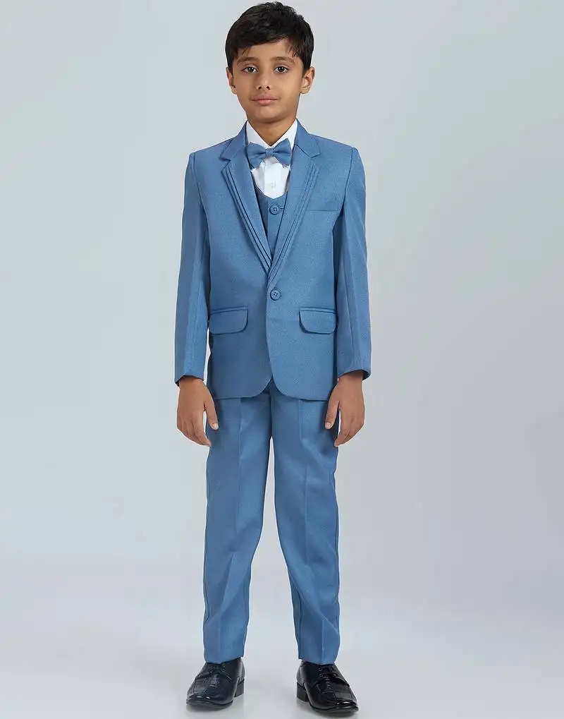 Pleated collar suit set full sleeves blazer, shirt, pant and waist coat with bow tie - blue