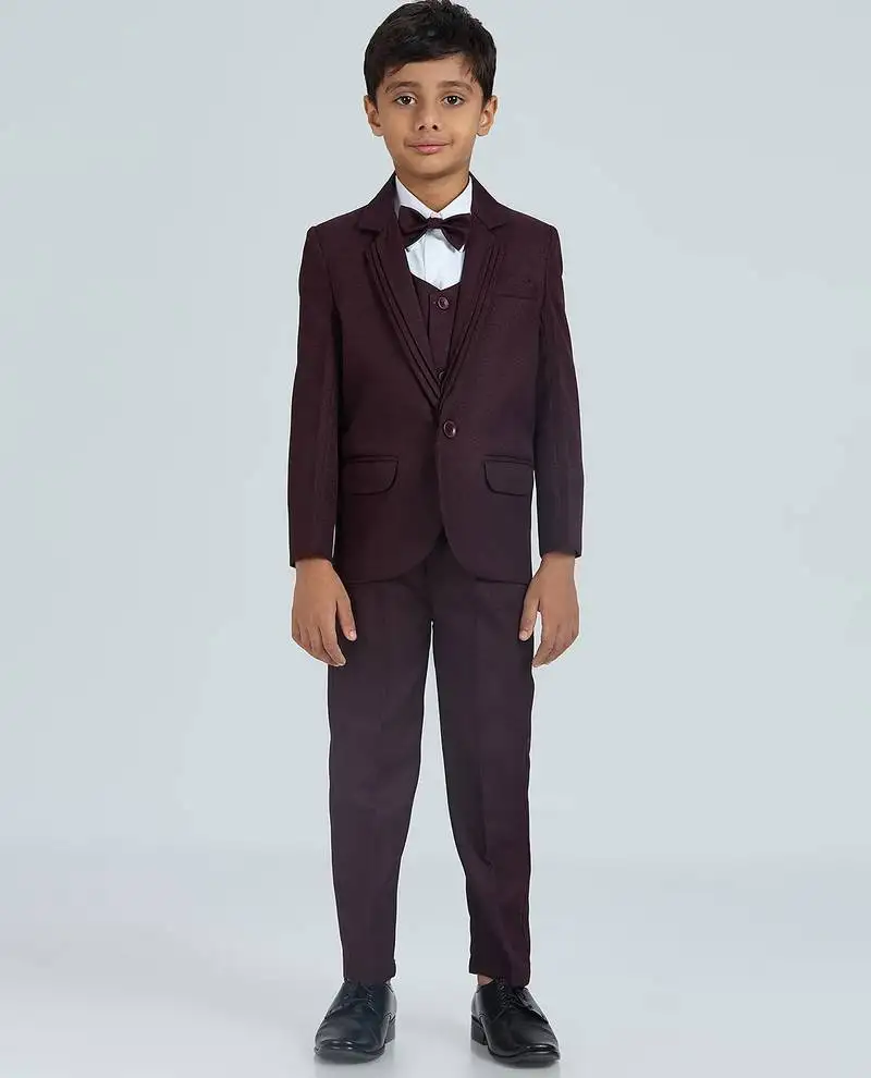 Pleated collar suit set full sleeves blazer, shirt, pant and waist coat with bow tie - wine