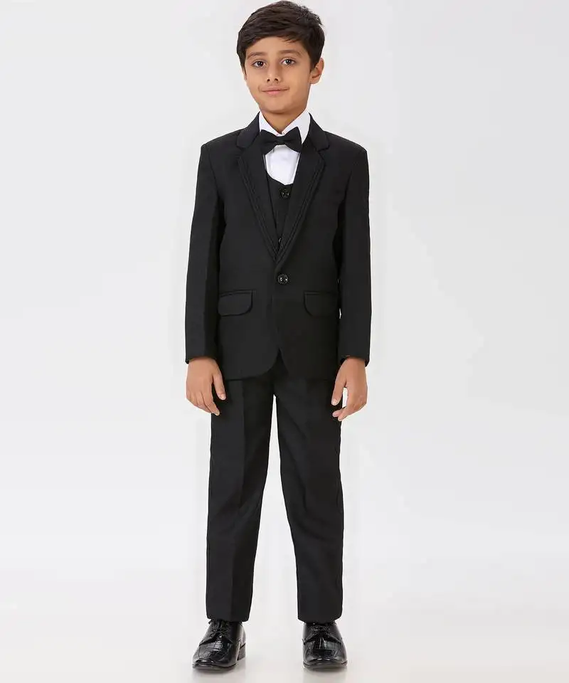 Pleated collar suit set full sleeves blazer, shirt, pant and waist coat with bow tie - black