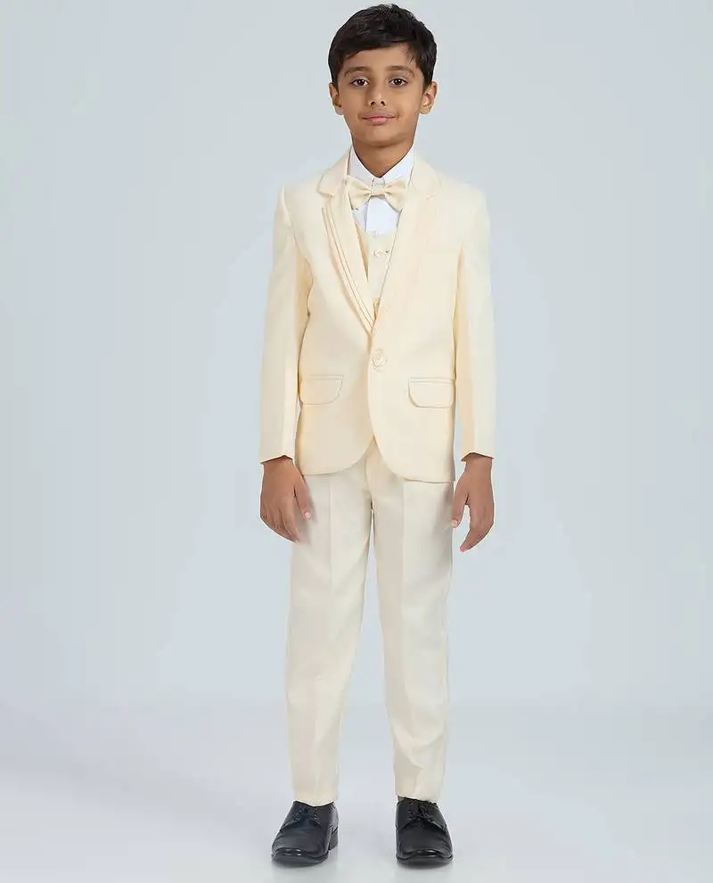 Pleated suit set full sleeves blazer, shirt, pant and waist coat with bow tie - cream