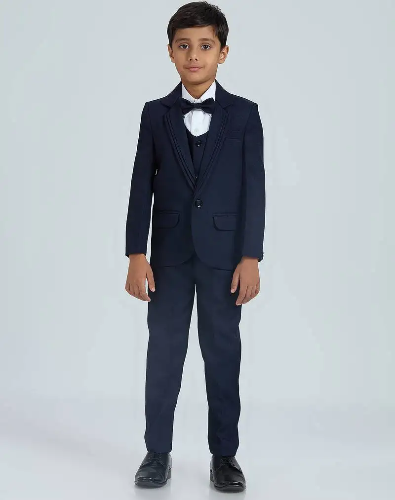 Pleated suit set full sleeves blazer, shirt, pant and waist coat with bow tie - nblue