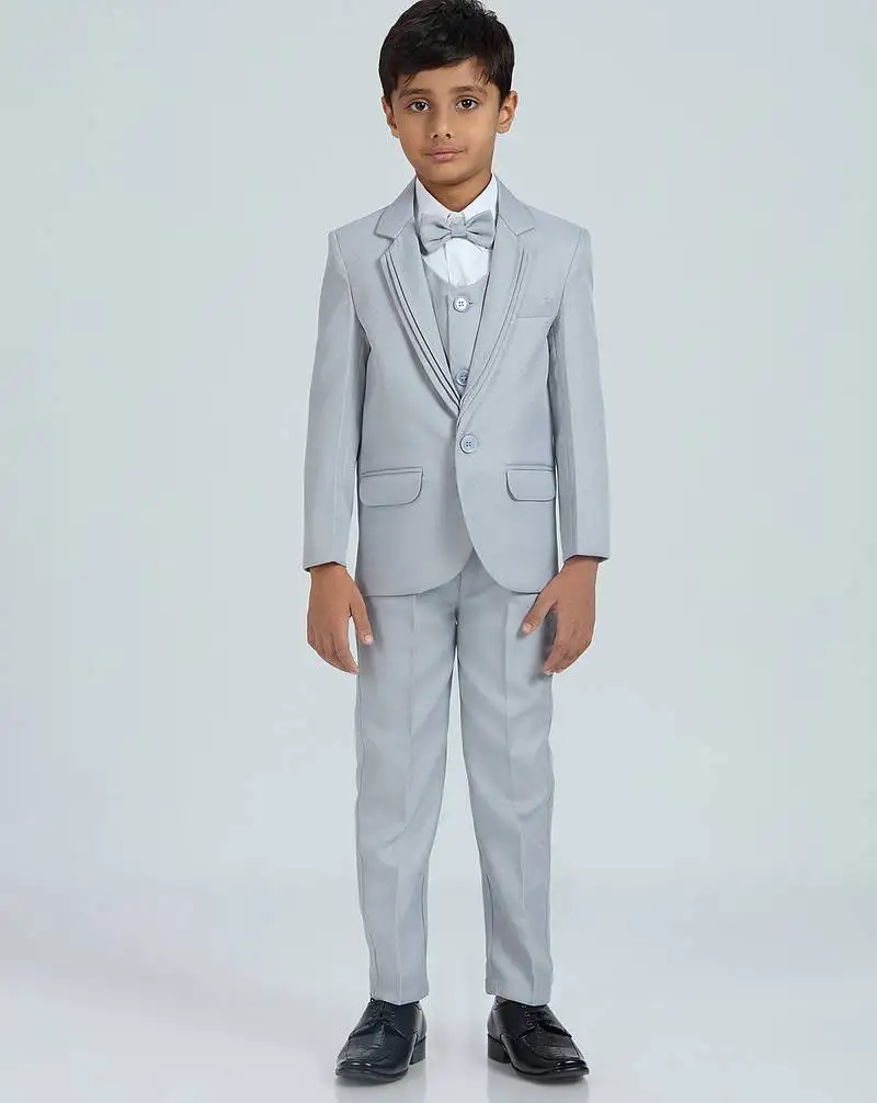 Pleated collar suit set full sleeves blazer, shirt, pant and waist coat with bow tie - grey