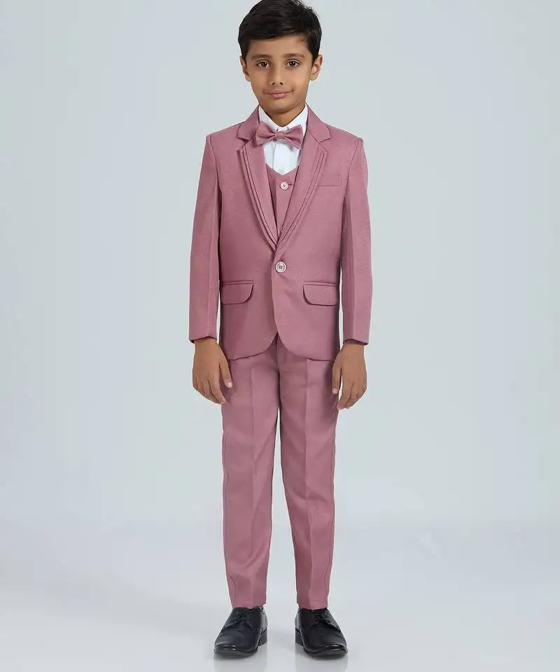Pleated suit set full sleeves blazer, shirt, pant and waist coat with bow tie - peach