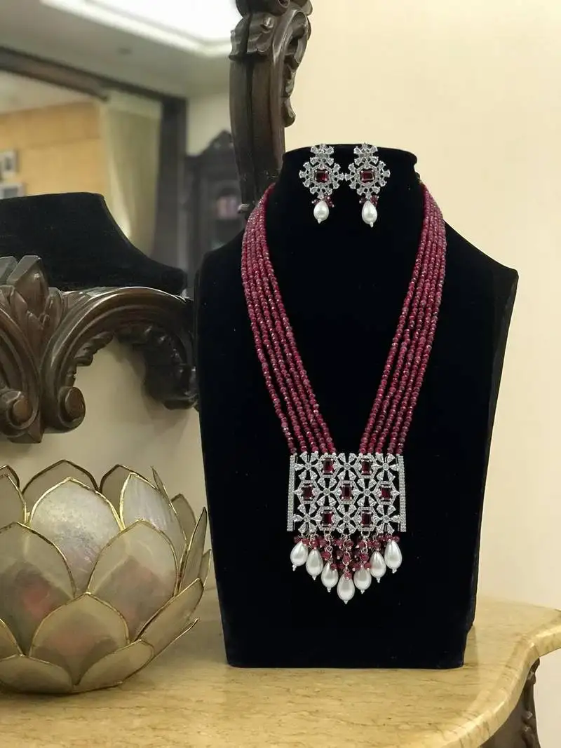 Royal ruby beaded necklace set with pearl drops and silver cz pendant by treemoda