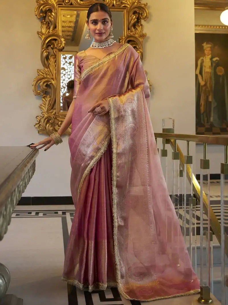 Light pink zari weaving tissue silk saree