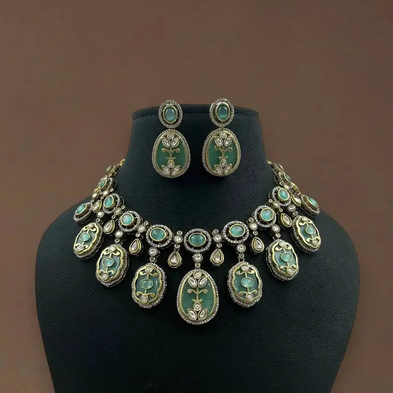 Antique green meenakari necklace set with kundan work handcrafted ethnic jewelry