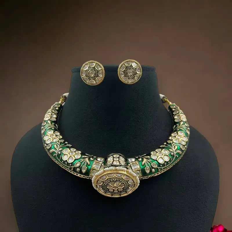 Elegant golden polish traditional meenakari kundan jadau polki hasli, necklace with earrings set jewelry