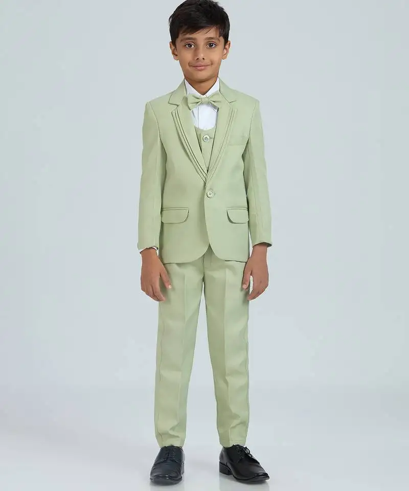 Sequence suit set full sleeves blazer, shirt, pant and waist coat with bow tie - pgreen