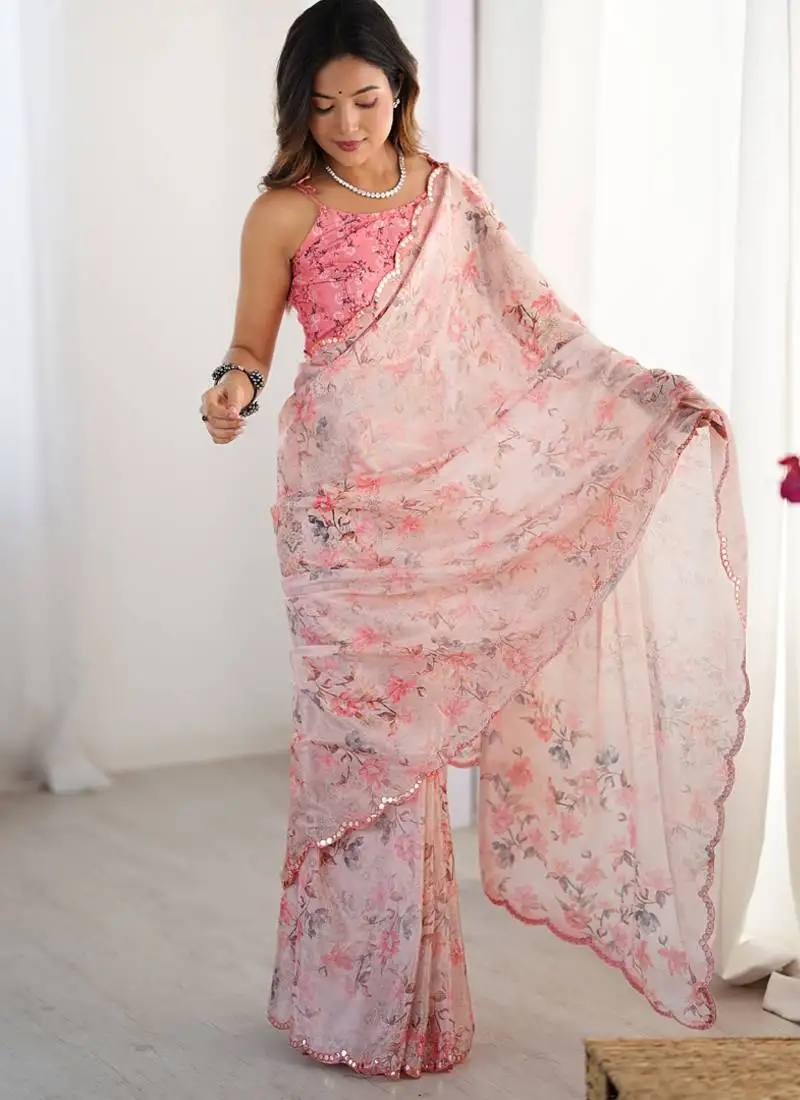 Baby pink chinon printed party wear saree