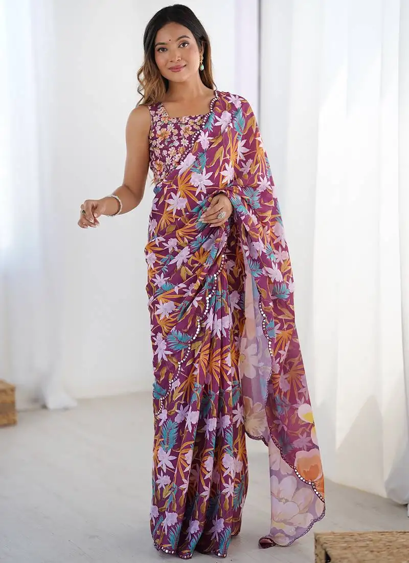 Wine chinon printed party wear saree