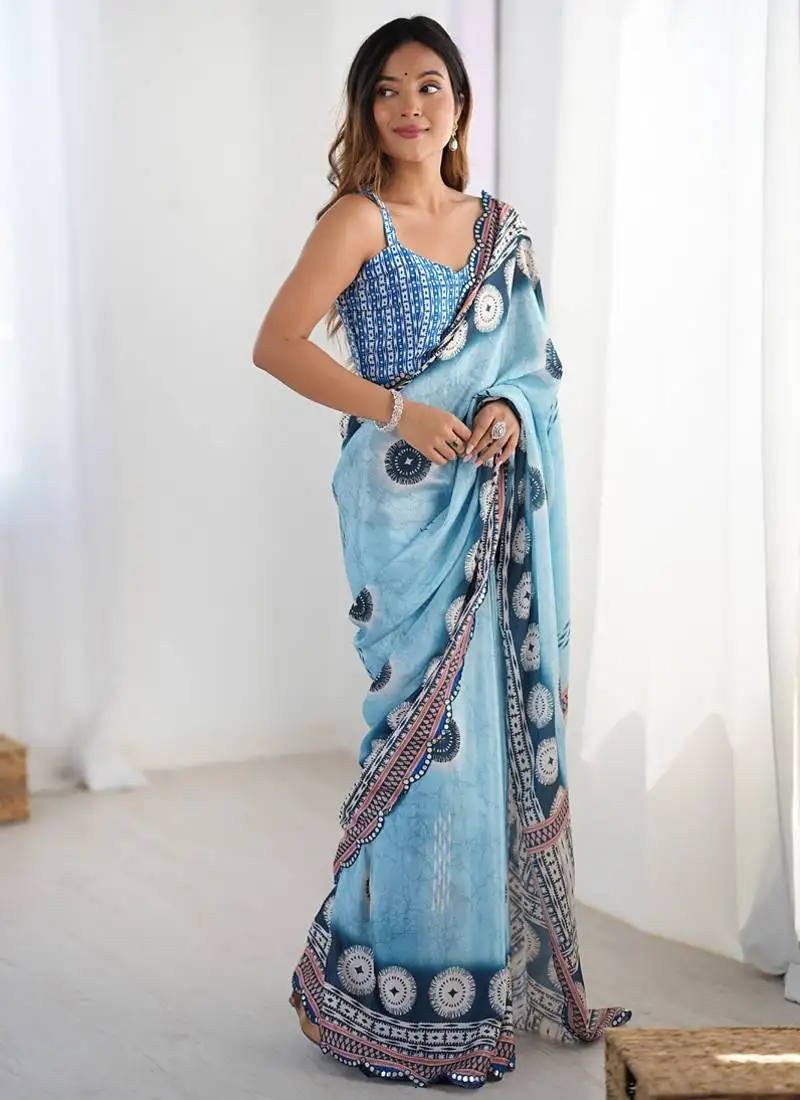 Sky blue chinon printed party wear saree