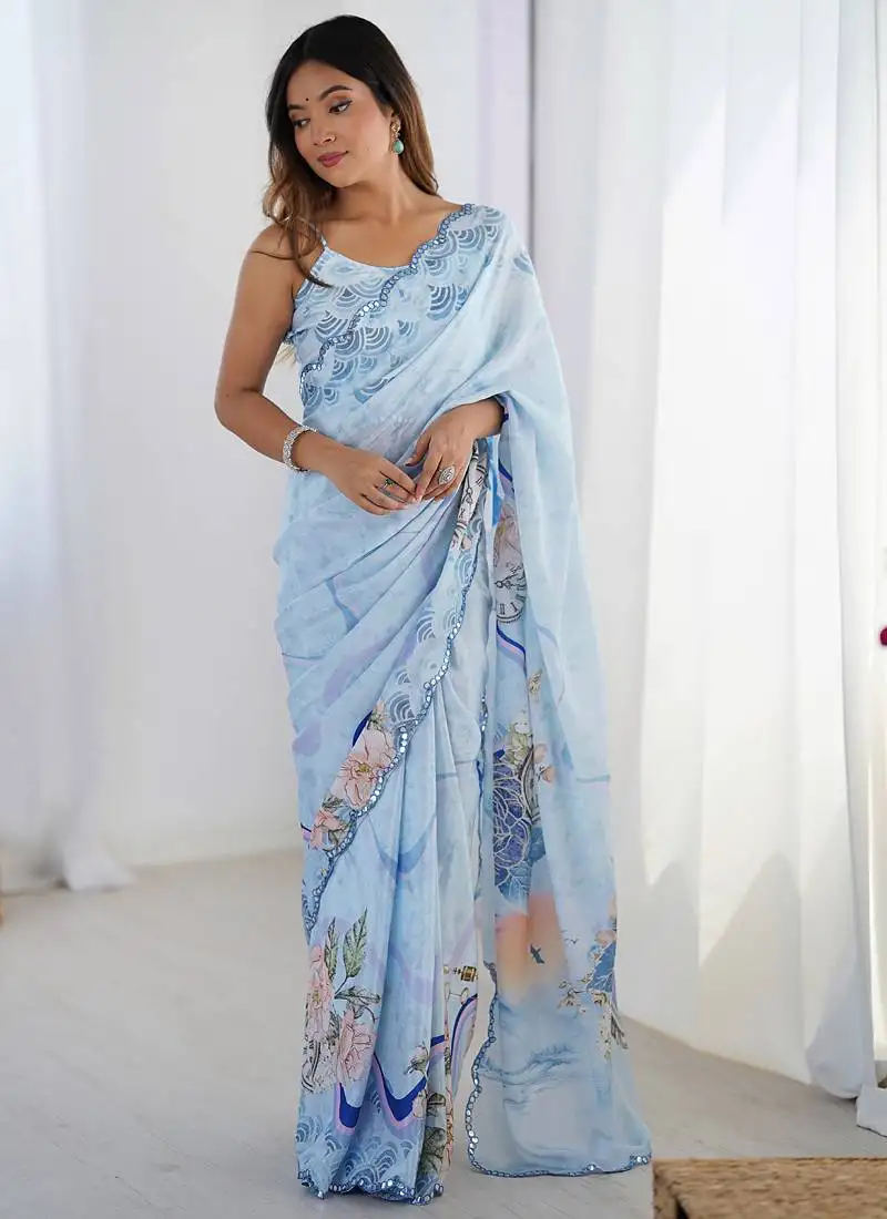 Light blue chinon printed party wear saree