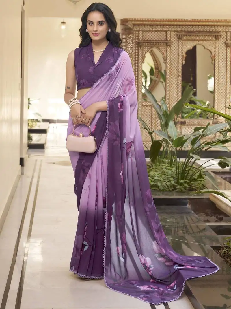 Lavender floral printed chiffon saree with blouse